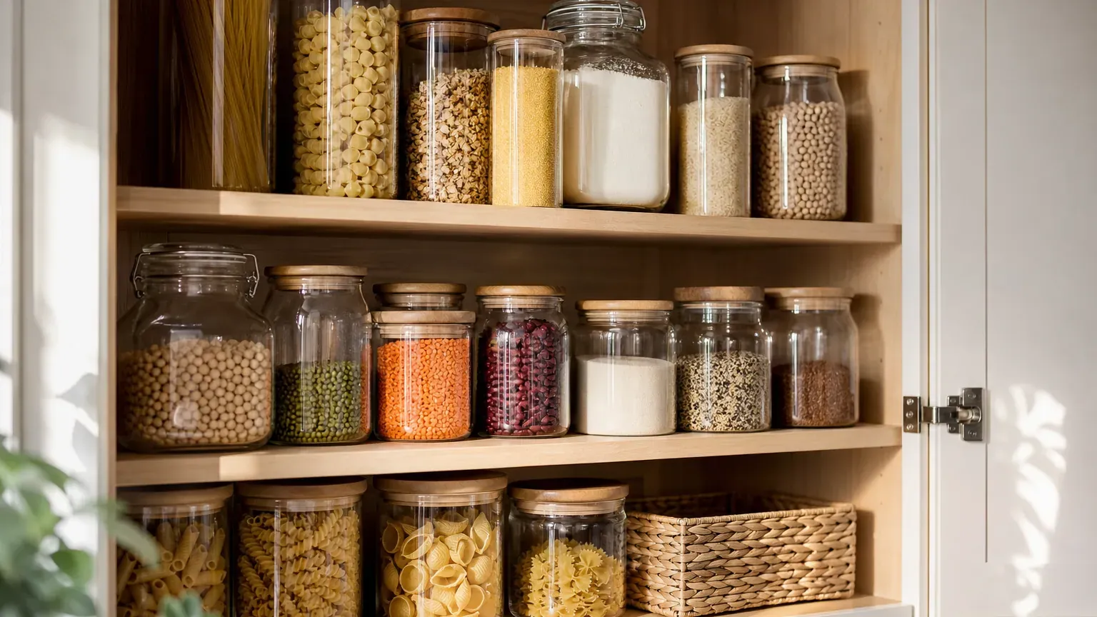 Placard de cuisine rangé avec des bocaux hermétiques de pâtes, riz et farine à l'abri des mites alimentaires
