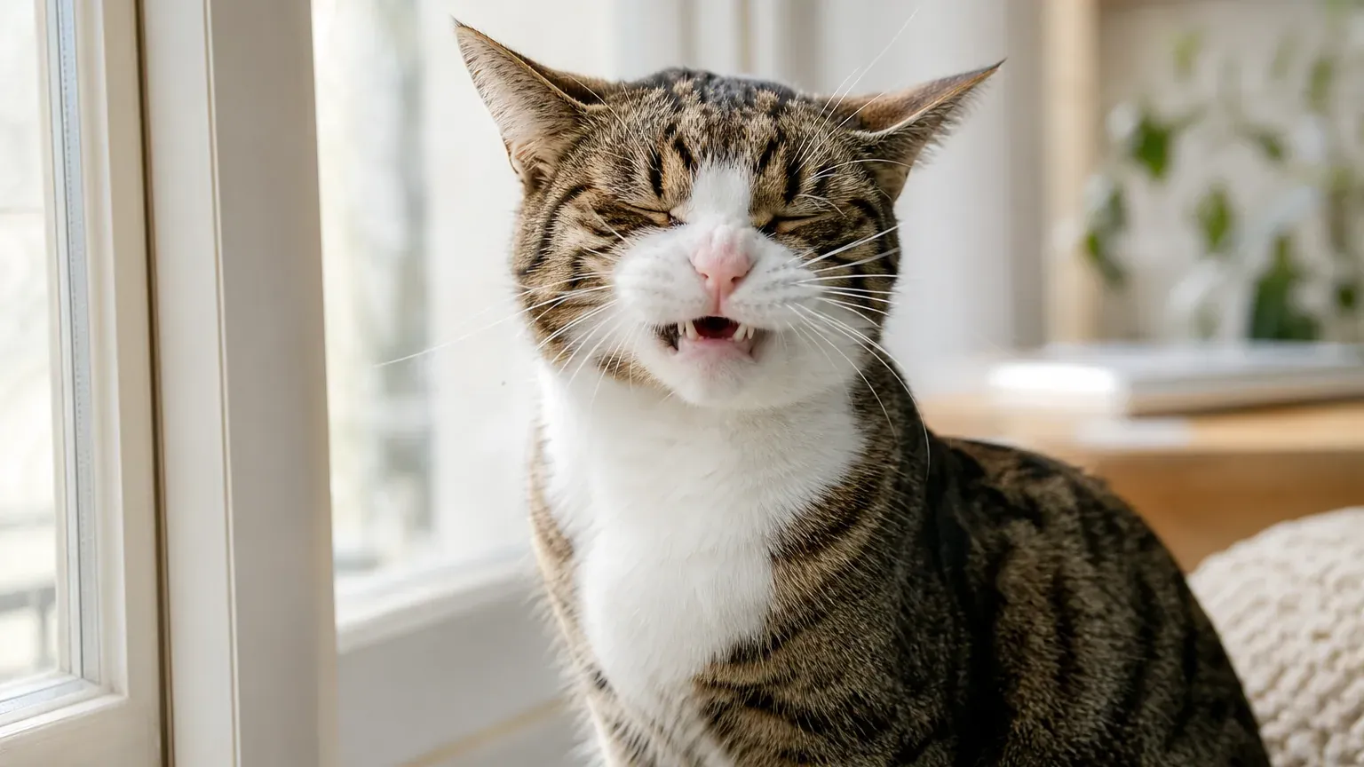 Chat à poil court près d'une fenêtre, le nez plissé prêt à éternuer