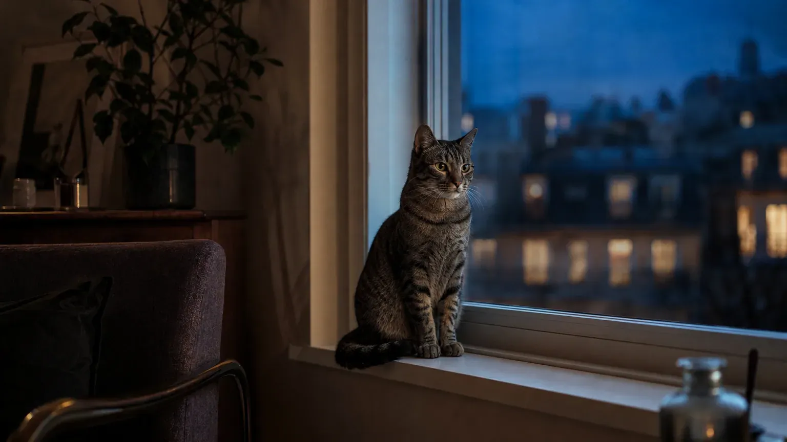 Chat tigré assis sur le rebord d'une fenêtre dans un salon sombre, éclairé par la lumière de la nuit