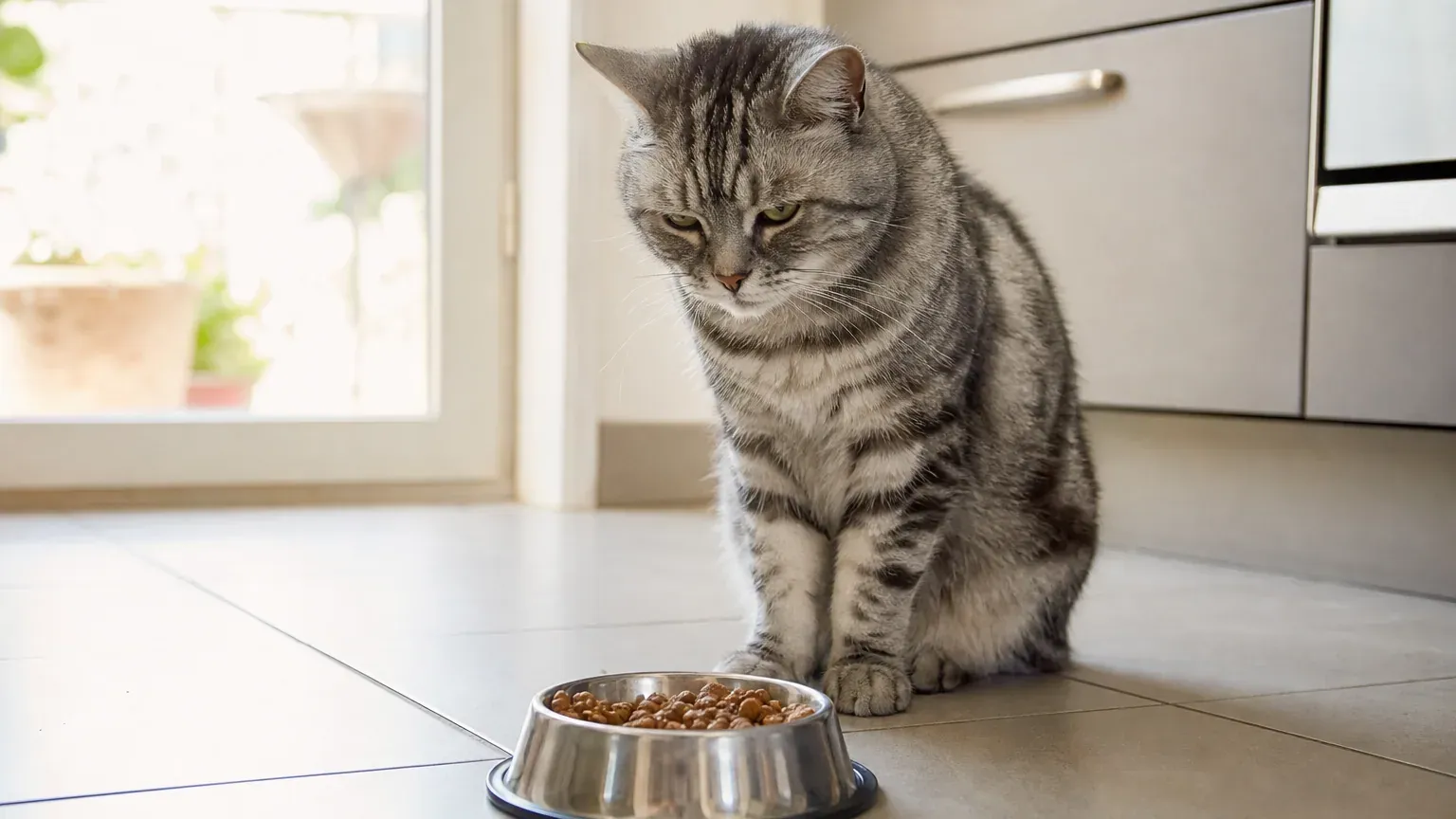 Chat assis devant sa gamelle pleine qu'il refuse de manger