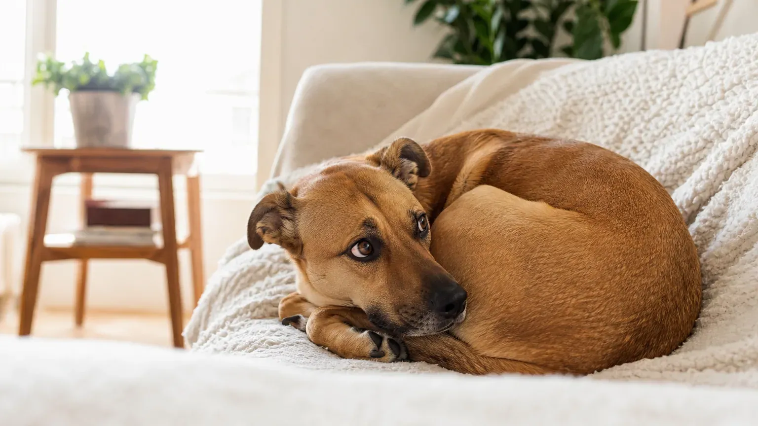 Chien recroquevillé sur un plaid, l'air inquiet, qui tremble dans un salon