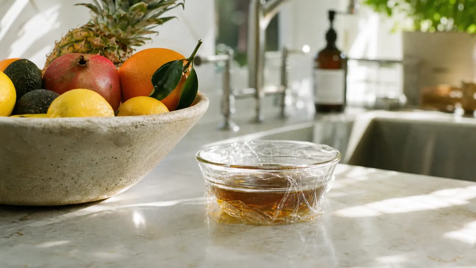 Corbeille de fruits mûrs et bol de vinaigre servant de piège à moucherons sur un plan de travail
