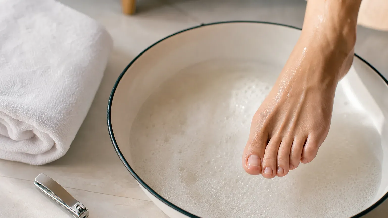 Bain de pied tiède avec serviette et coupe-ongles pour soigner un ongle incarné