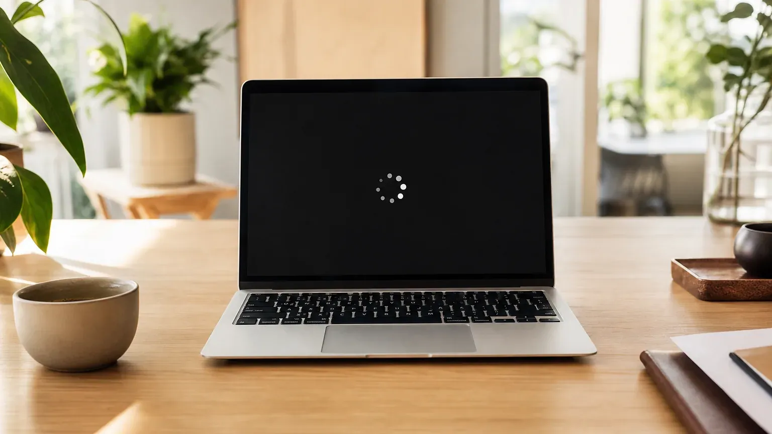 Ordinateur portable affichant une roue de chargement sur un bureau lumineux, illustrant un PC lent