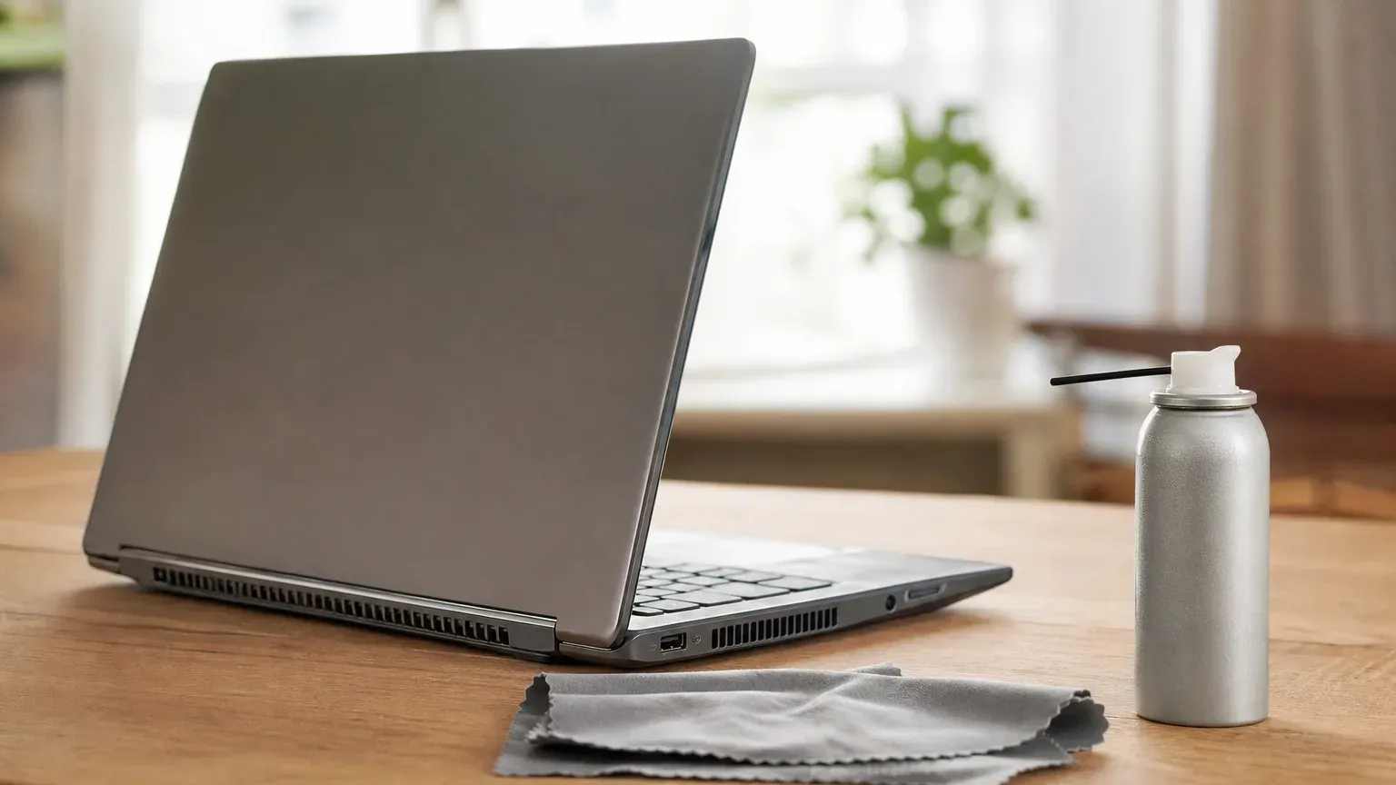 Ordinateur portable vu de côté avec ses grilles d'aération, bombe d'air sec et chiffon microfibre
