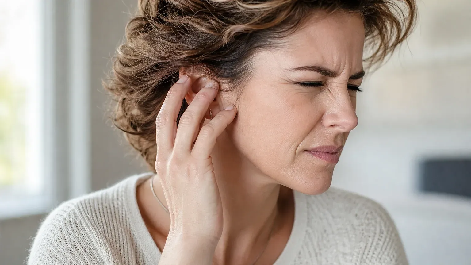 Personne portant la main à son oreille, gênée par une sensation d'oreille bouchée