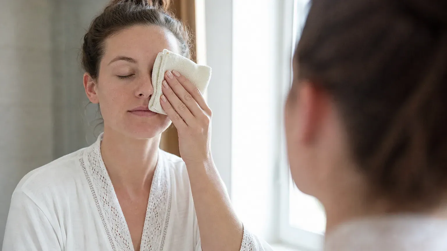 Personne appliquant une compresse chaude sur sa paupière devant un miroir de salle de bain