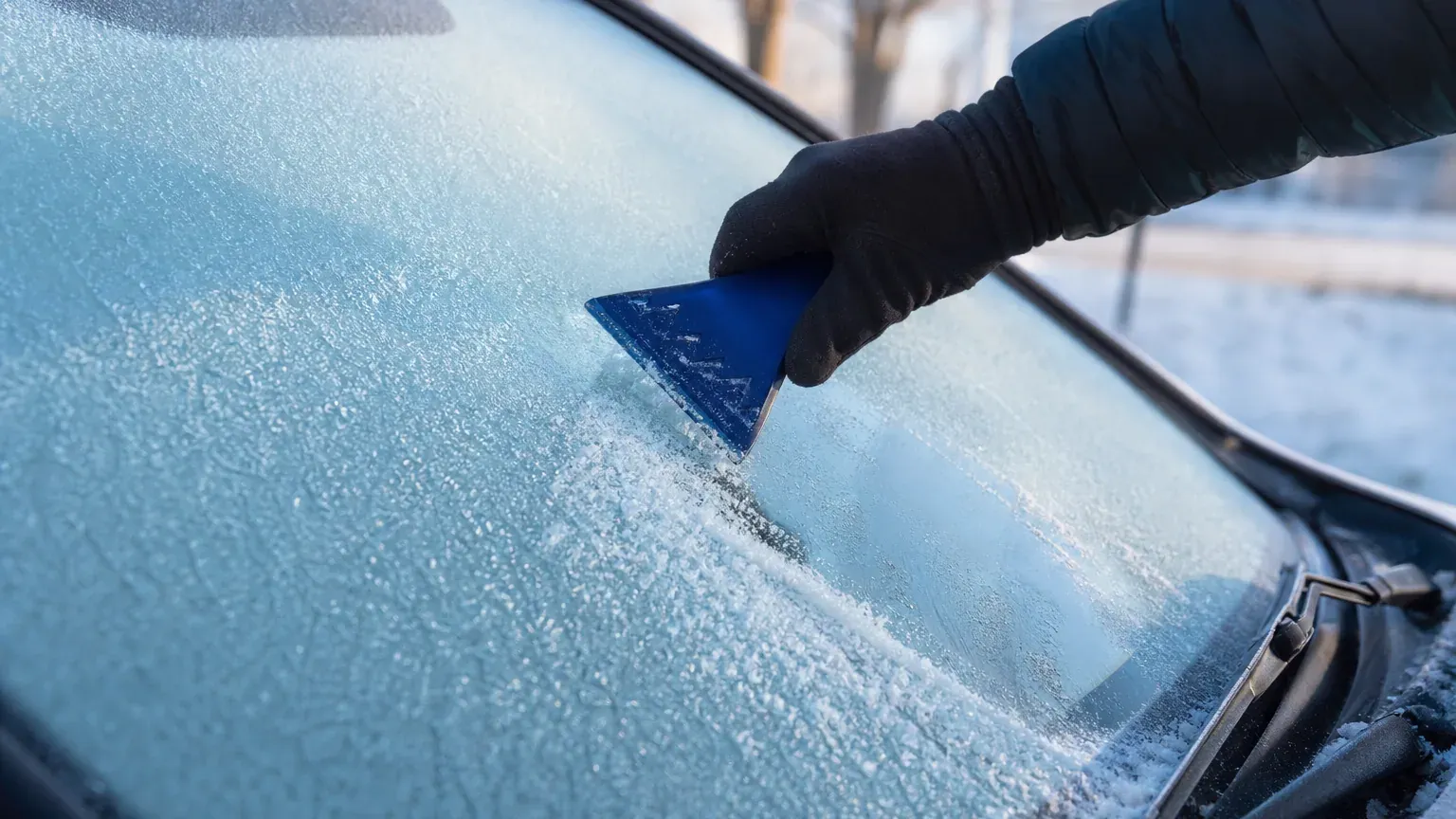 Main gantée grattant le givre d'un pare-brise de voiture avec un grattoir en plastique