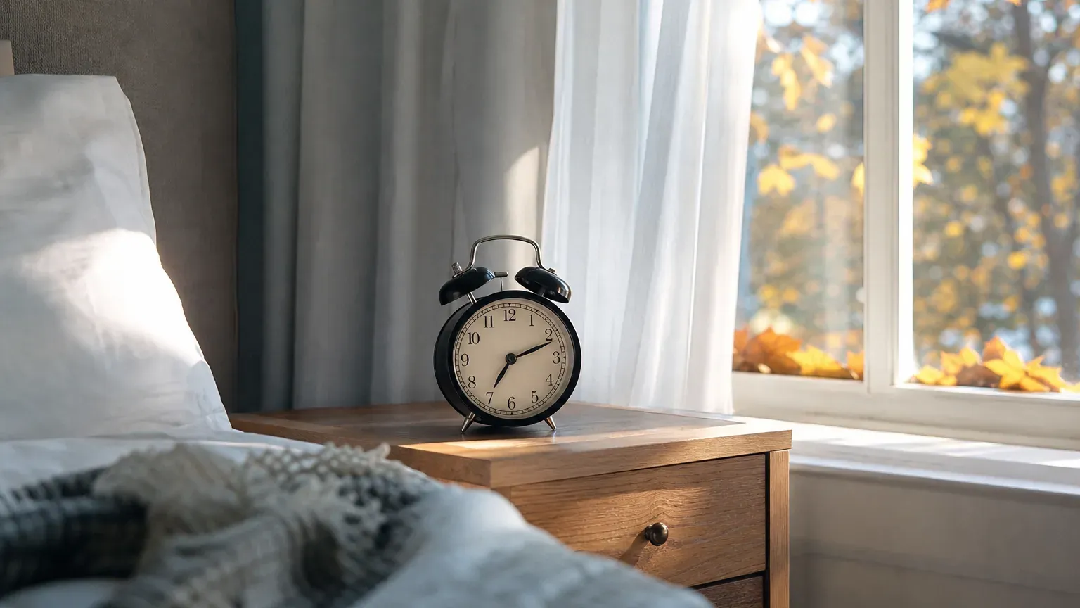 Réveil analogique sur une table de chevet près d'une fenêtre donnant sur des arbres d'automne