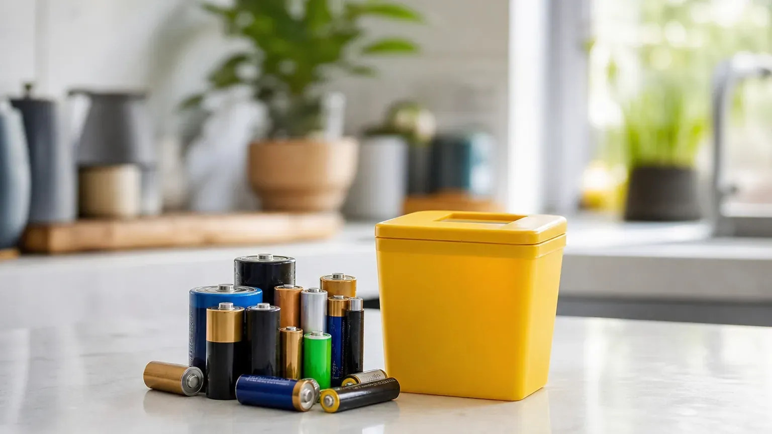 Piles usagées posées à côté d'un contenant de collecte pour recyclage