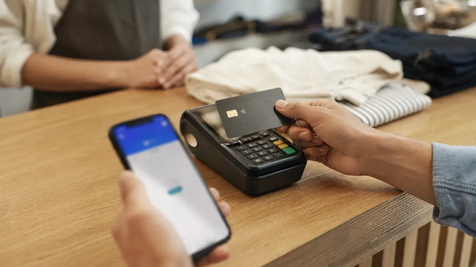 Client présentant une carte bancaire devant un terminal de paiement en magasin, smartphone à la main