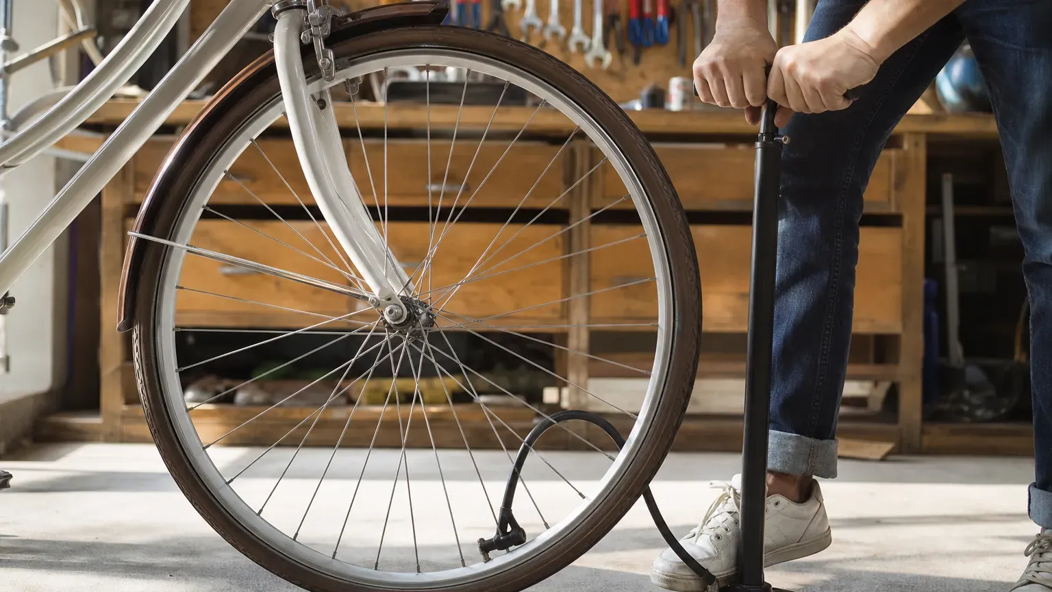 Cycliste regonflant le pneu d'un vélo de ville avec une pompe à pied dans un garage