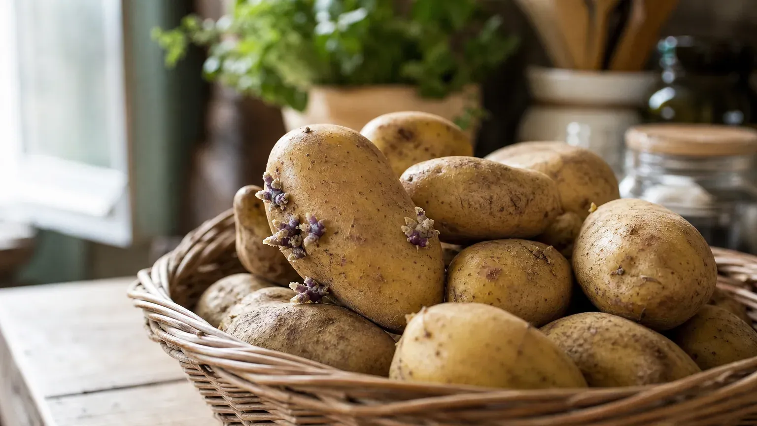 Panier en osier rempli de pommes de terre, certaines avec de petits germes violacés