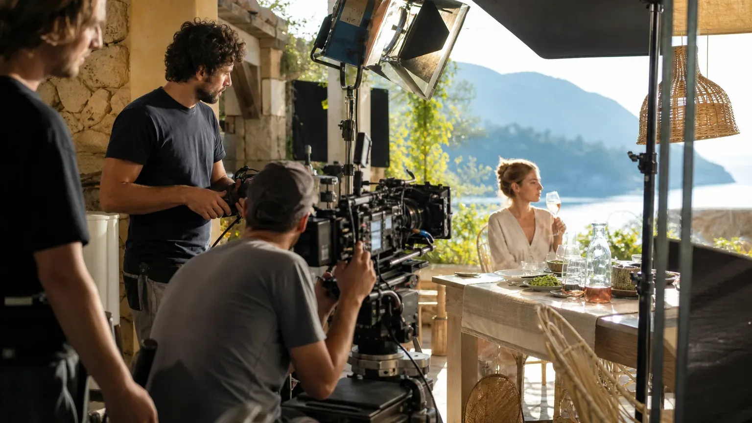 Plateau de tournage de série télévisée avec projecteurs et caméra