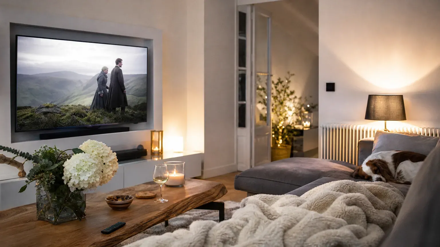 Salon cocooning avec une télévision allumée diffusant une série, canapé et plaid