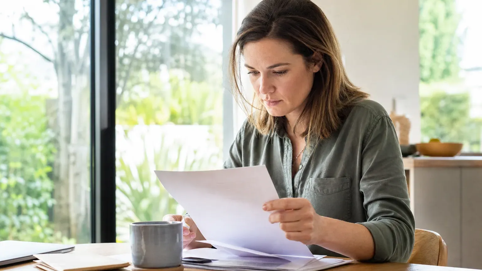 Personne lisant attentivement un contrat papier à une table avec une tasse de café