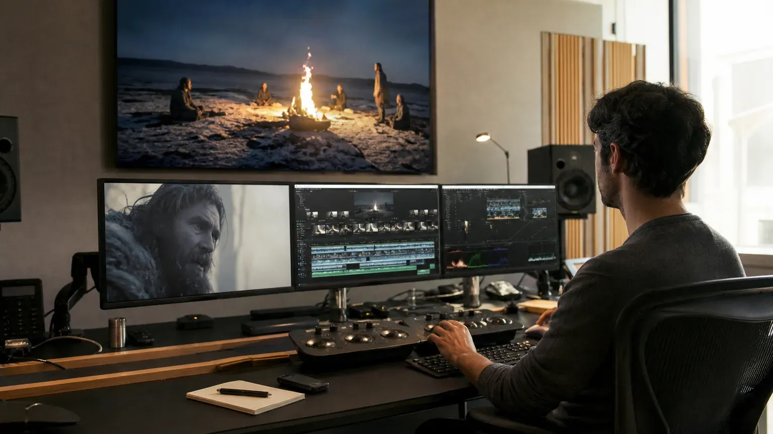 Salle de montage vidéo avec plusieurs écrans affichant des scènes de film en cours d'édition