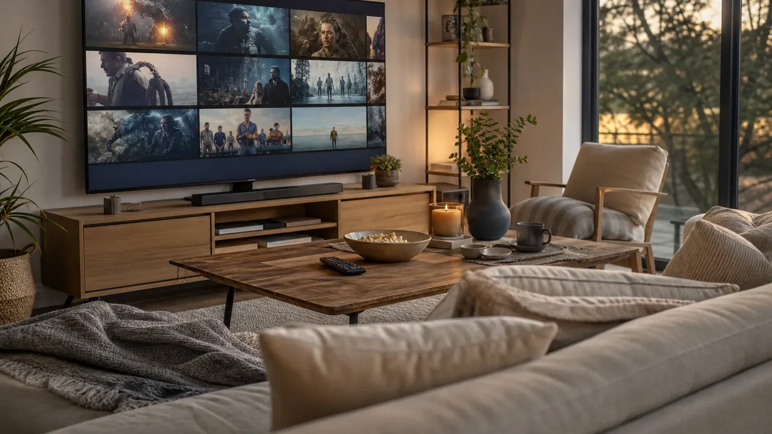 Salon confortable avec une télévision affichant l'écran d'accueil d'une plateforme de streaming