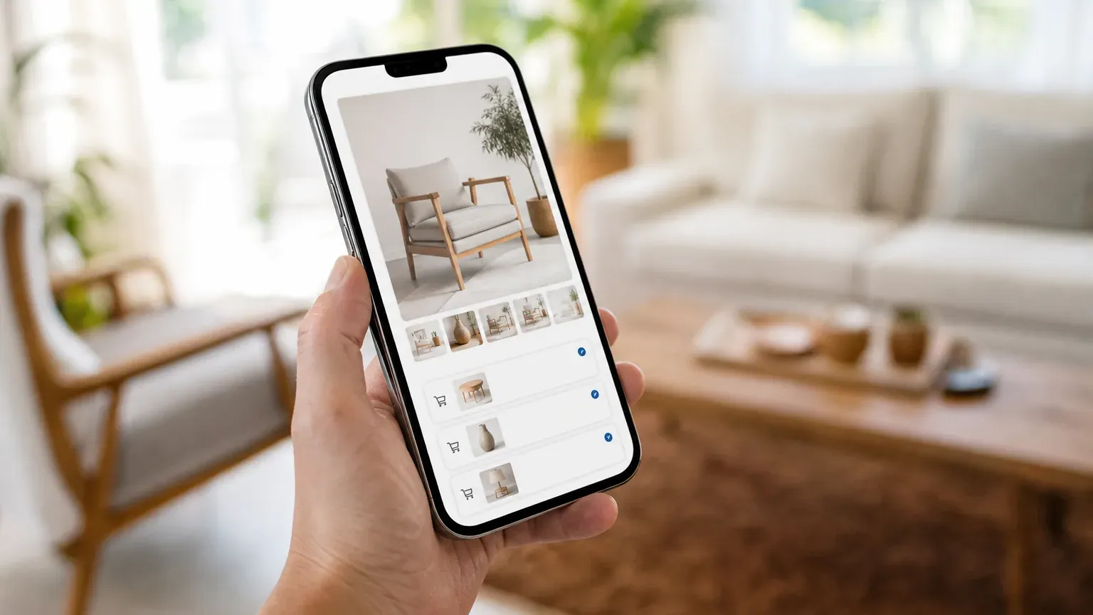 Smartphone affichant une fiche produit avec des notifications d'achat, tenu dans une main