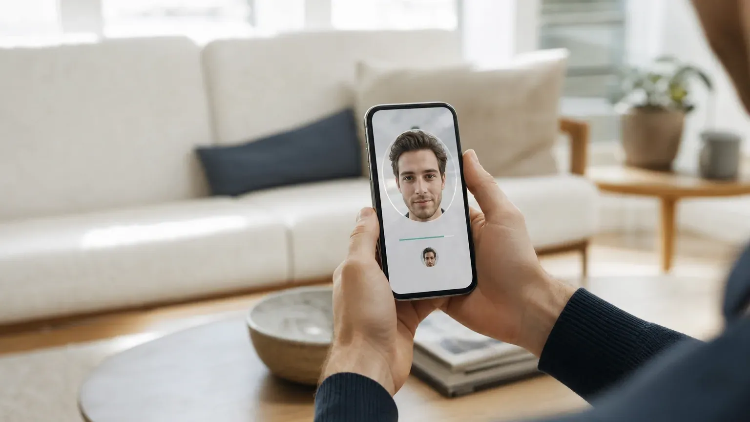 Personne tenant son smartphone avec une application de vérification d'identité affichée à l'écran