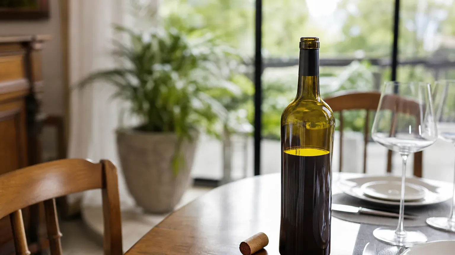 Bouteille de vin débouchée posée sur une table en bois avec un bouchon en liège à côté