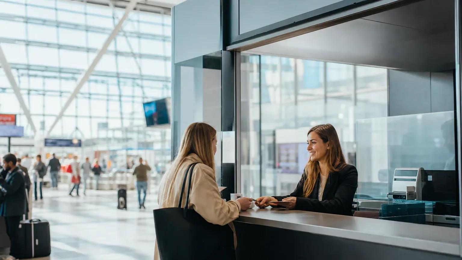 Comptoir de bureau de change dans un hall d'aéroport avec un panneau affichant des taux de conversion