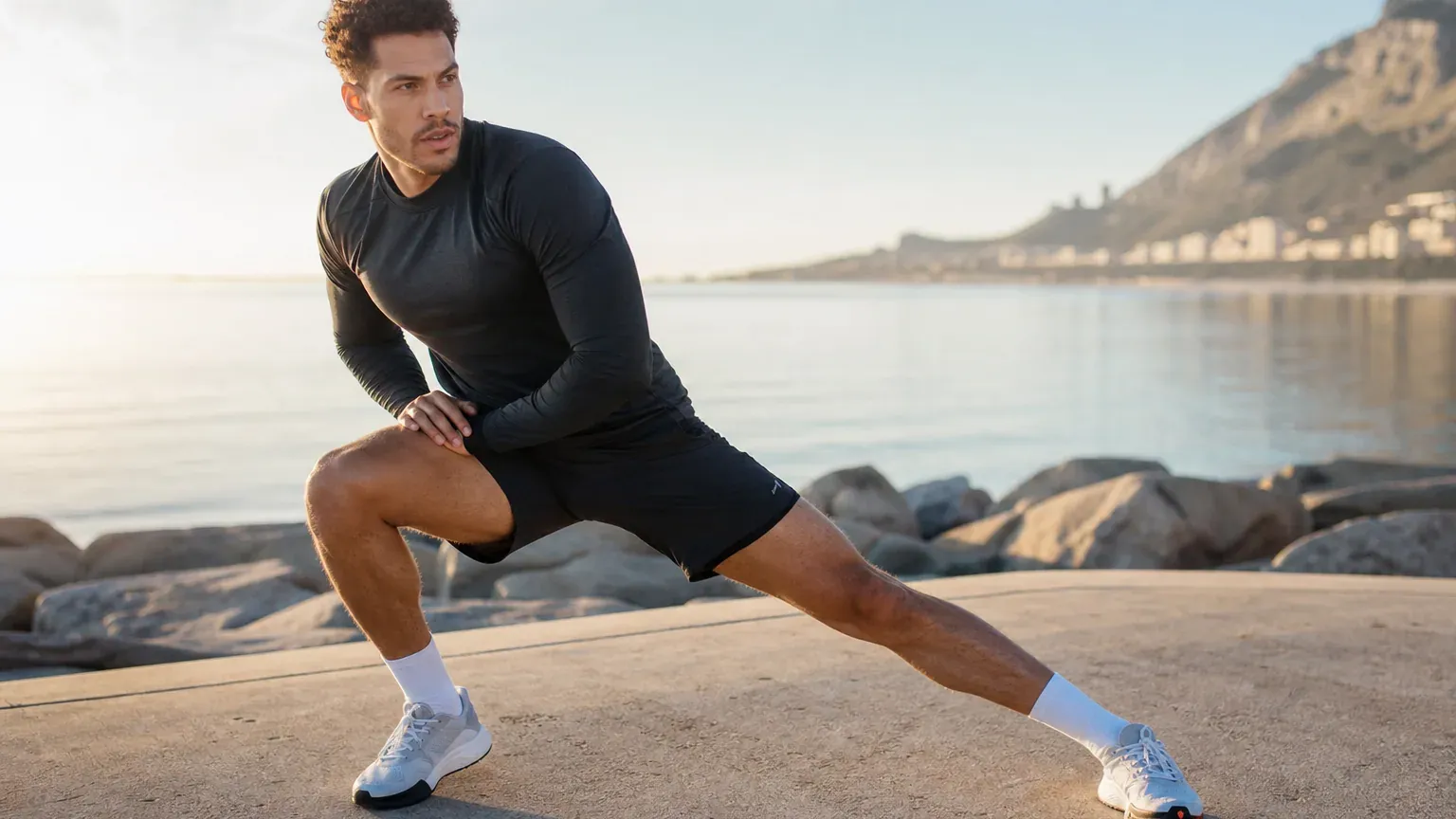 Personne en tenue de sport faisant des mouvements d'échauffement dynamique en extérieur