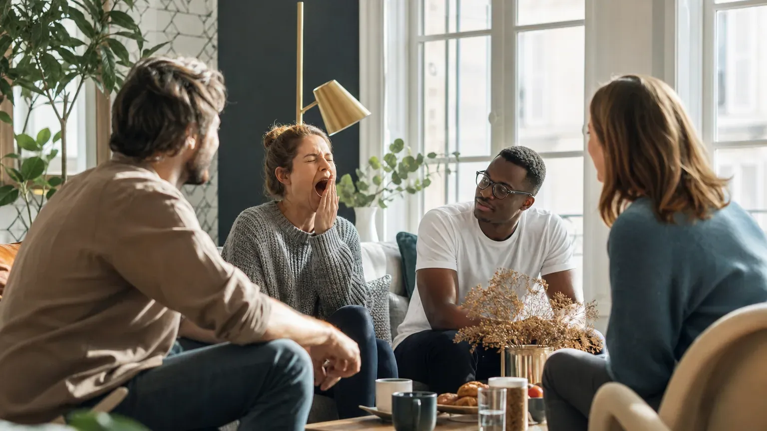 Groupe de personnes assises dans un salon lumineux, l'une d'elles en train de bâiller