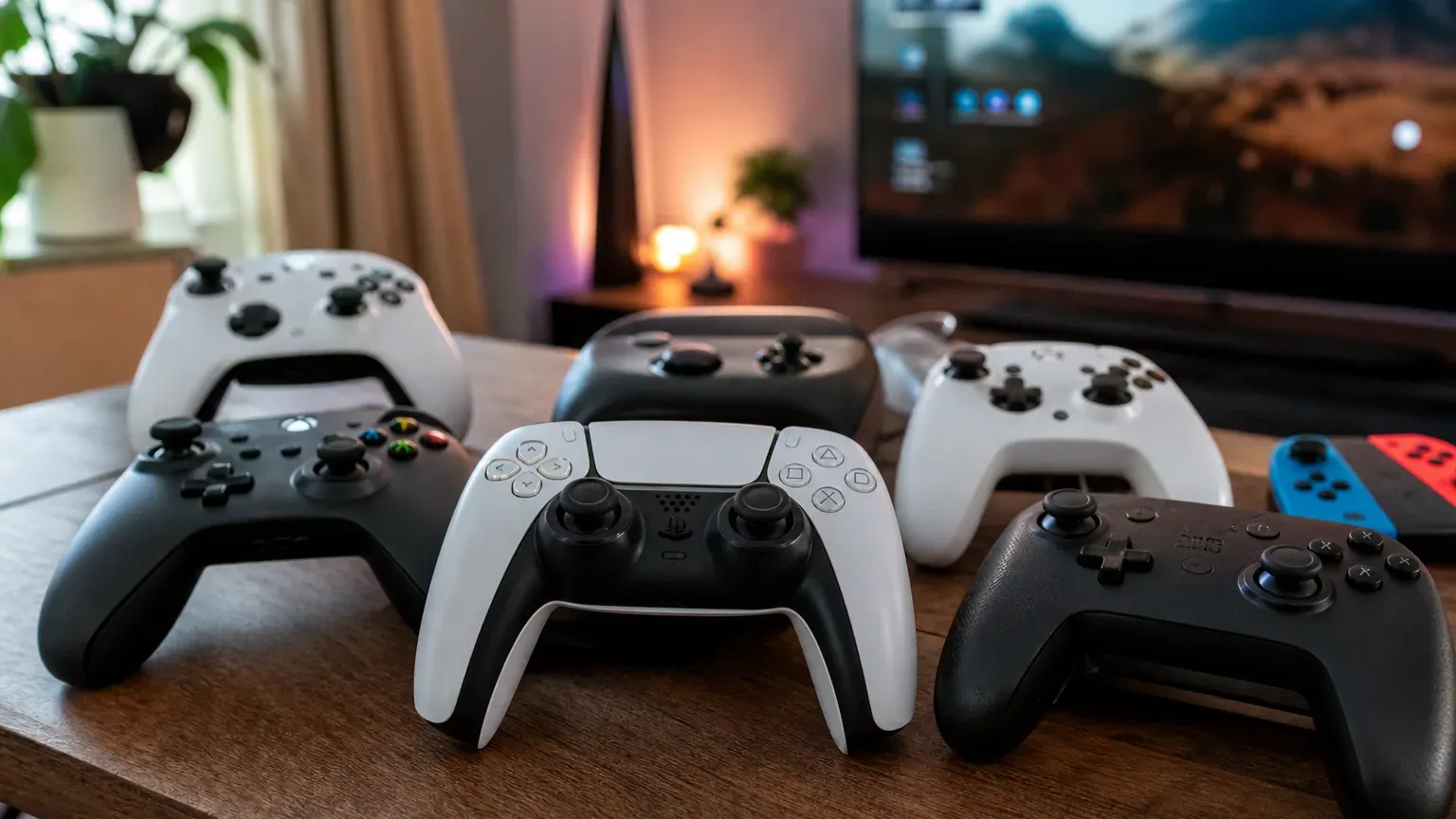 Plusieurs manettes de jeu de marques différentes posées ensemble sur une table