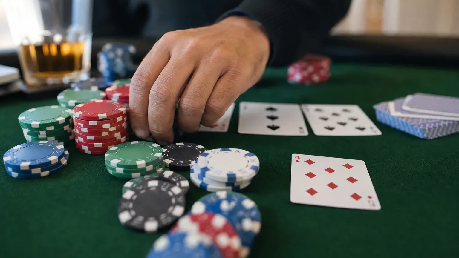 Cartes à jouer et jetons de poker disposés sur un tapis de jeu vert