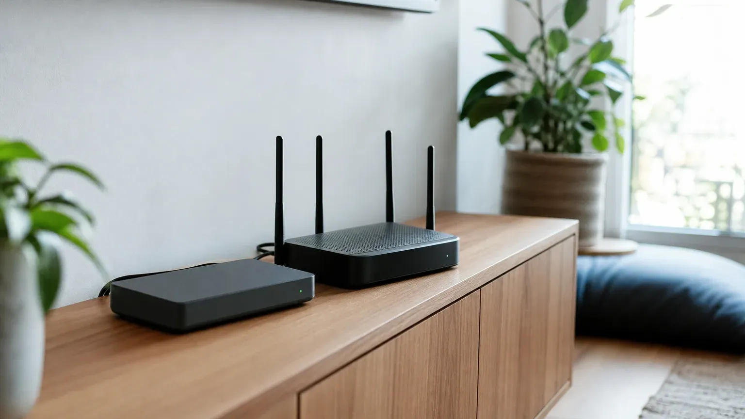 Box internet et routeur wifi posés sur un meuble dans un salon lumineux