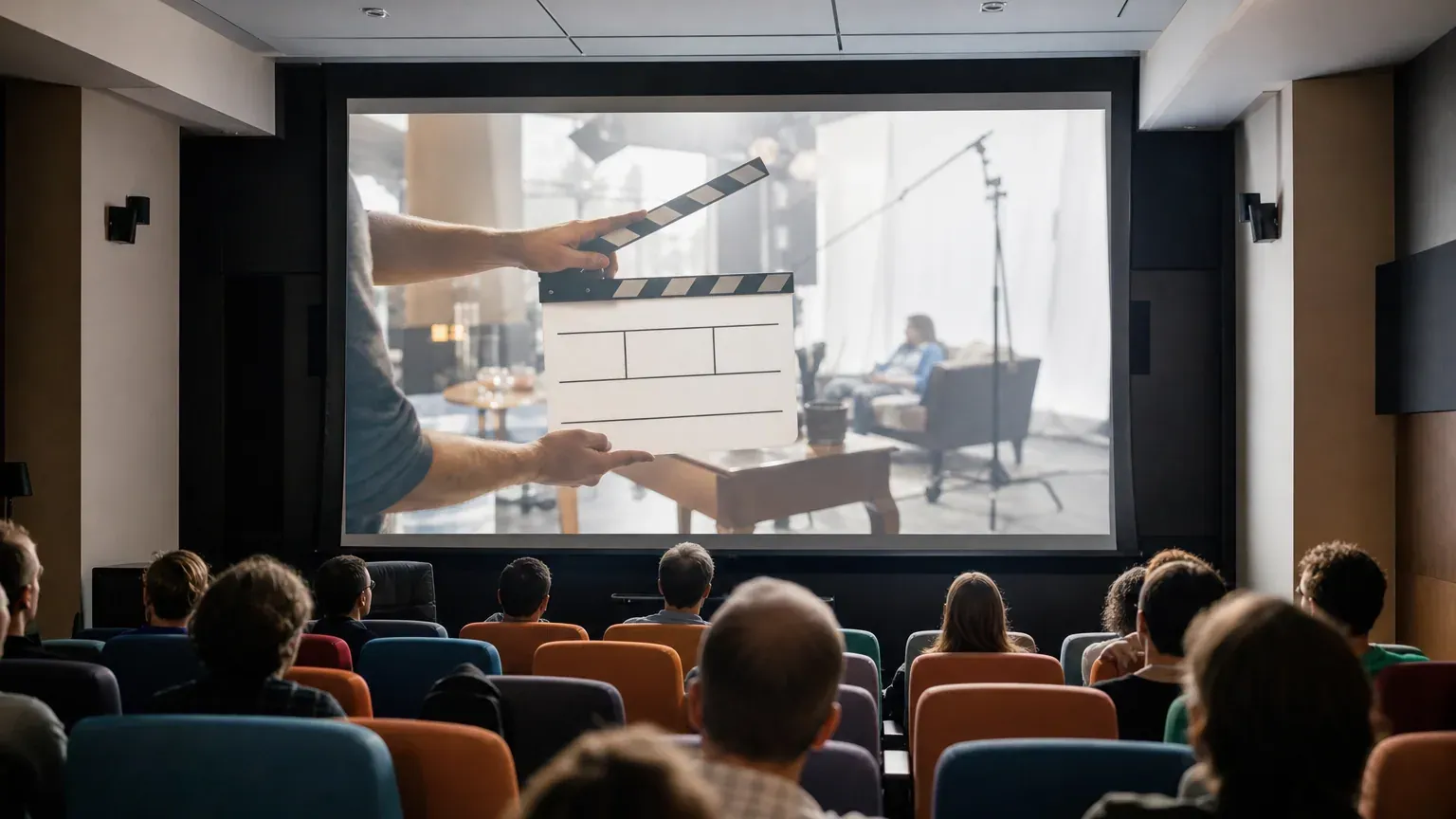 Salle de projection avec un écran affichant le clap d'un tournage de série télévisée