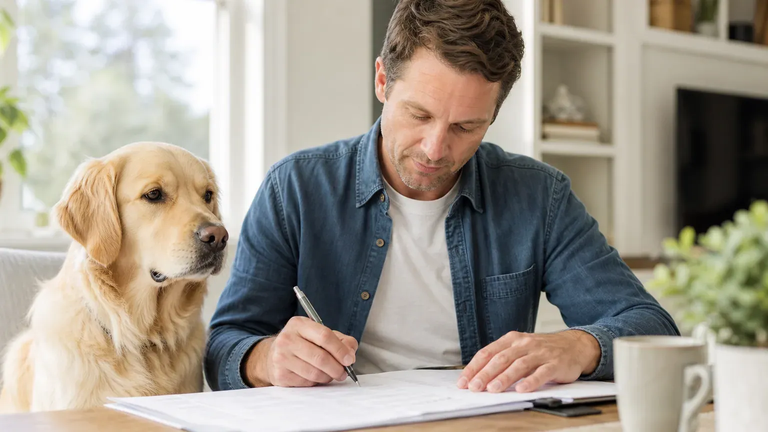 Chien assis à côté de son propriétaire qui remplit des documents d'assurance sur une table