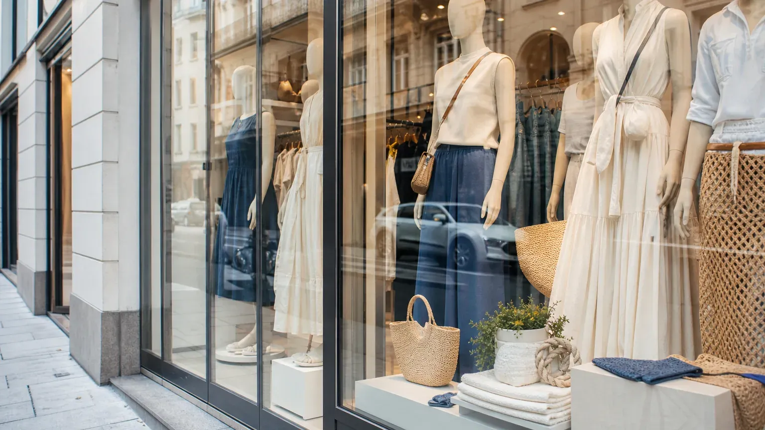 Vitrine de magasin affichant une pancarte soldes avec des vêtements en devanture