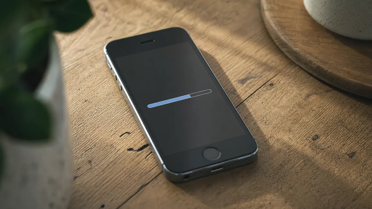 Smartphone ancien affichant une barre de progression de mise à jour, posé sur une table en bois
