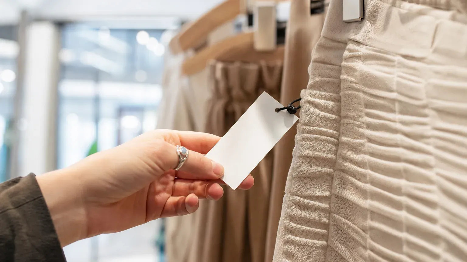 Étiquette de prix affichant 19,99 euros sur un vêtement en magasin