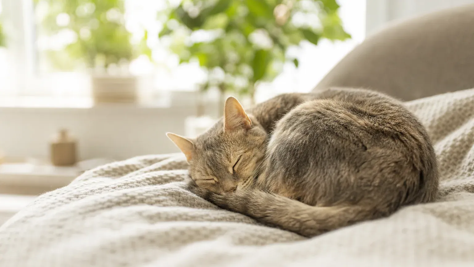 Chat endormi paisiblement roulé en boule sur un plaid dans un salon lumineux