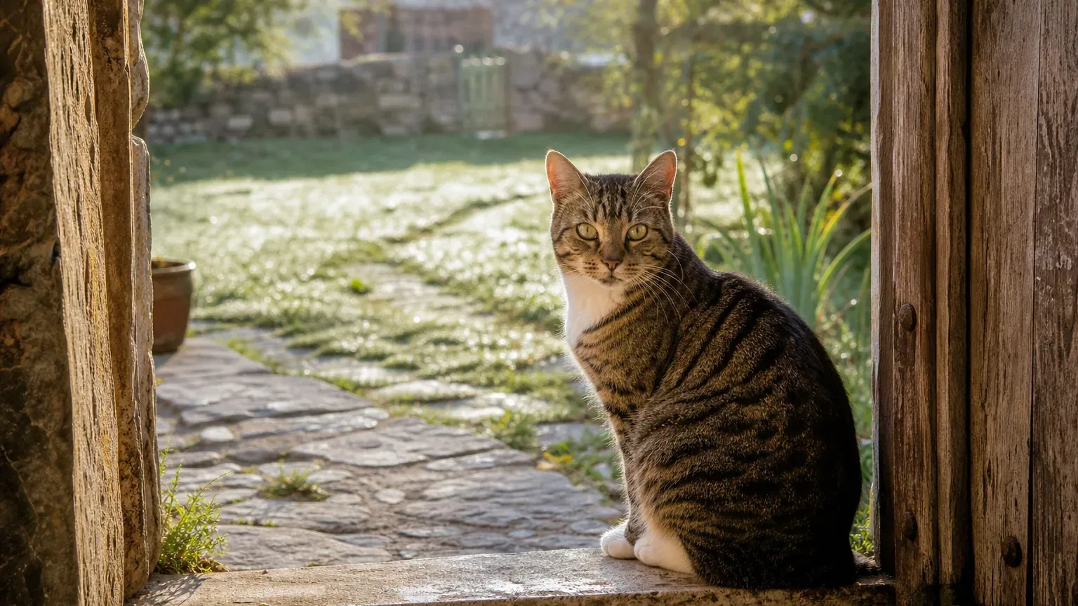 Chat tigré assis sur le seuil d'une porte donnant sur un jardin au petit matin