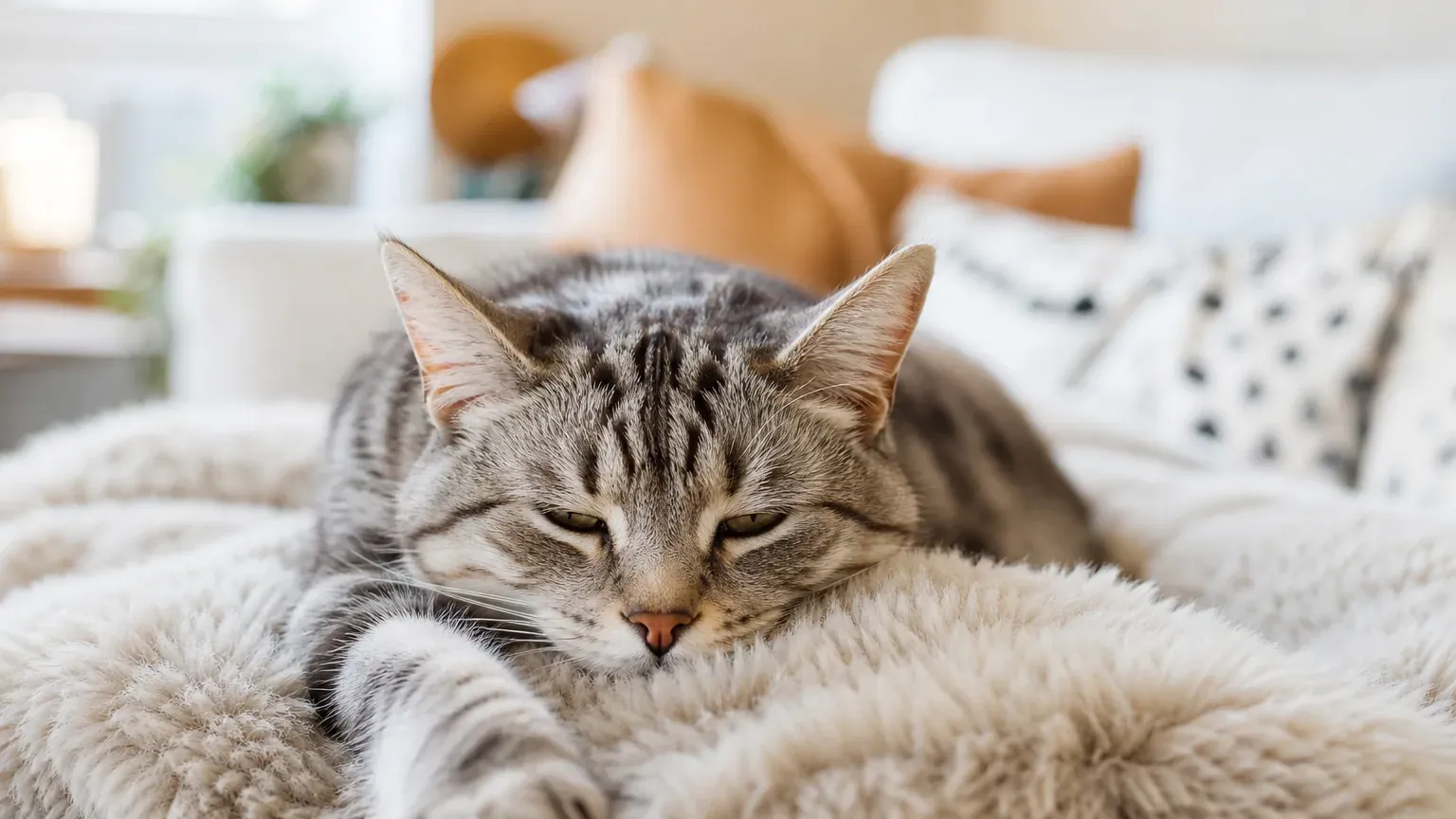 Chat allongé sur un plaid les yeux mi-clos dans une pièce lumineuse
