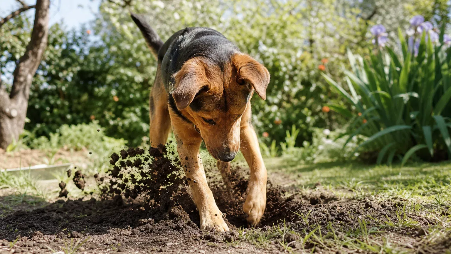 Chien creusant joyeusement la terre dans un jardin ensoleillé