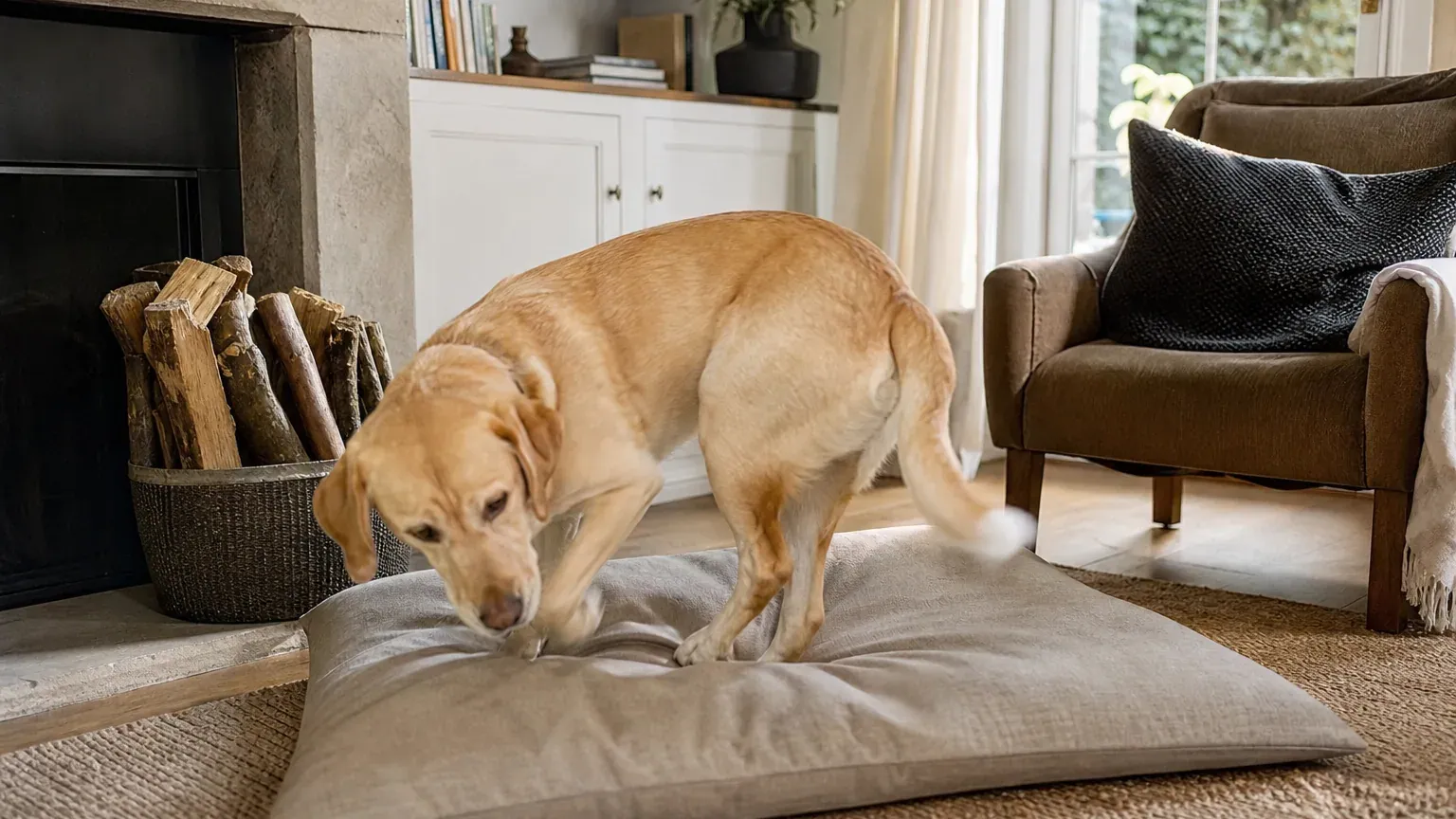 Chien tournant en rond sur son coussin avant de s'installer pour dormir dans un salon chaleureux