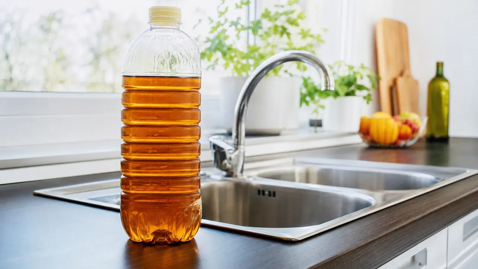 Bouteille en plastique remplie d'huile de cuisson usagée posée près d'un évier de cuisine