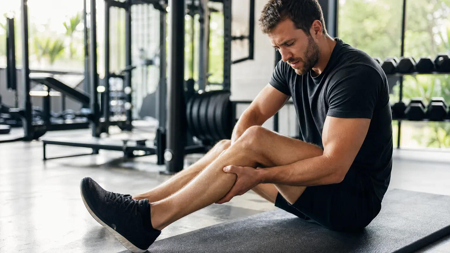 Personne assise sur un tapis de sport se massant le mollet après un entraînement