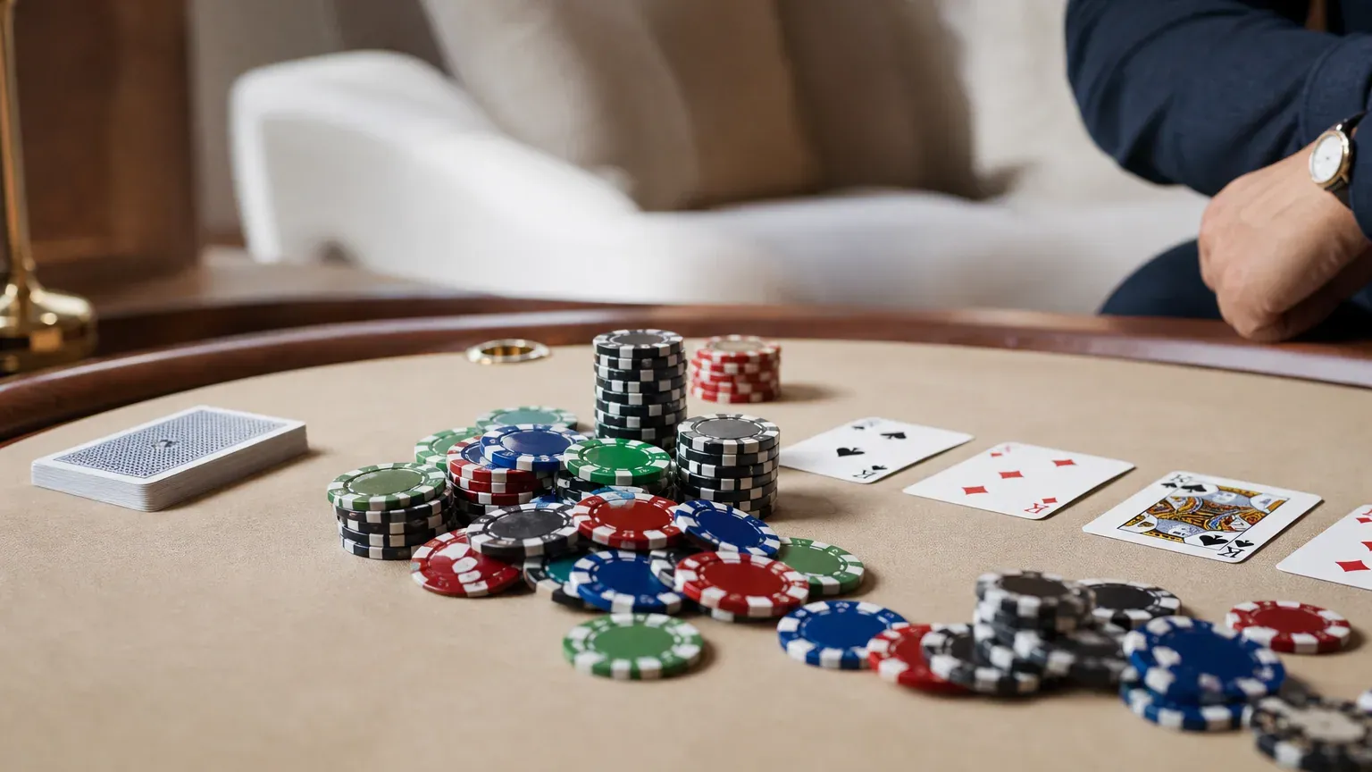 Jetons de casino et cartes à jouer posés sur une table feutrée