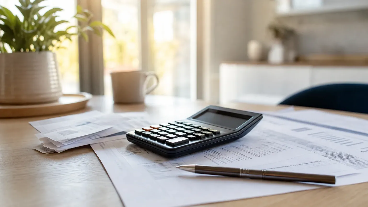 Relevés de crédit et calculatrice posés sur une table avec un stylo