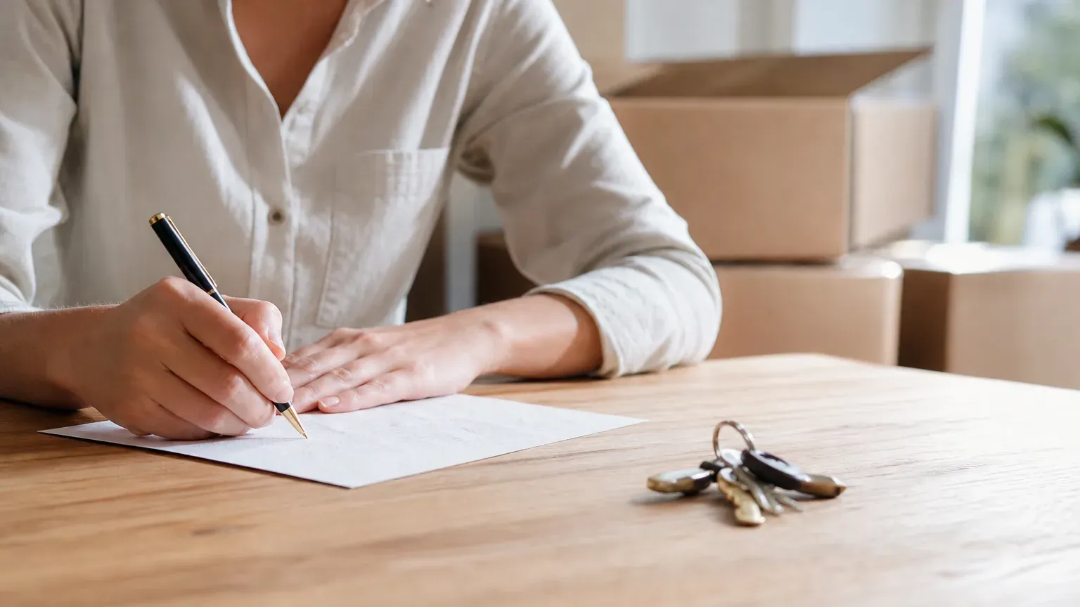 Personne rédigeant une lettre de congé à côté d'un trousseau de clés et de cartons de déménagement