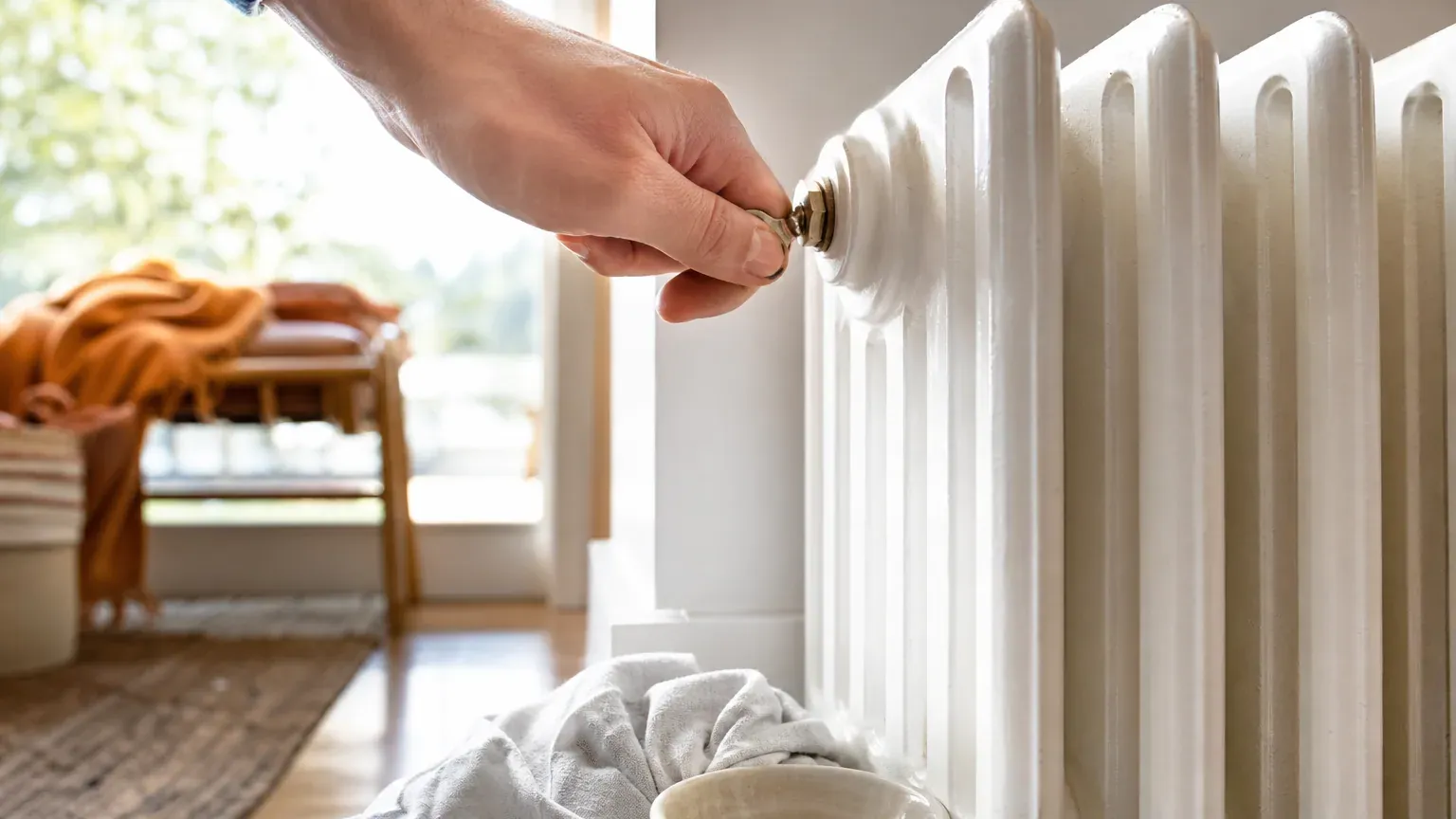 Main tournant la vis de purge d'un radiateur en fonte blanc, chiffon et récipient posés en dessous