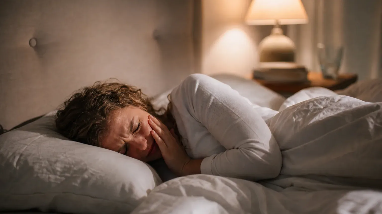 Personne allongée dans son lit la nuit, la main sur la joue à cause d'un mal de dents