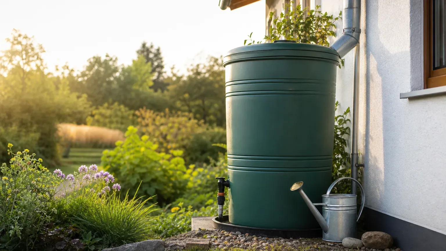 Récupérateur d'eau de pluie relié à une gouttière dans un jardin verdoyant
