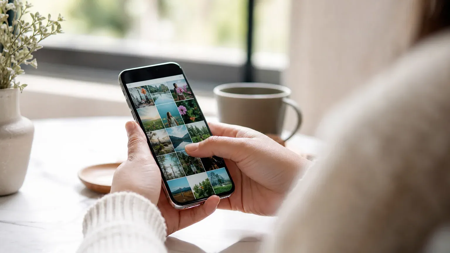 Personne consultant sa galerie de photos sur un smartphone